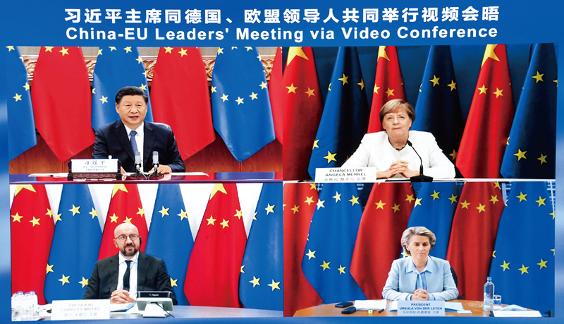 2020年9月14日晚,国家主席习近平在北京同欧盟轮值主席国德国总理默克尔、欧洲理事会主席米歇尔、欧盟委员会主席冯德莱恩共同举行会晤,会晤以视频方式举行。 新华社记者 庞兴雷/摄