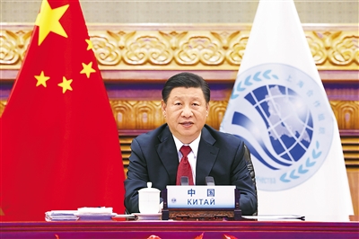9月17日，国家主席习近平在北京以视频方式出席上海合作组织成员国元首理事会第二十一次会议并发表重要讲话。 新华社记者 黄敬文 摄