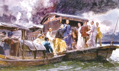 图①：中国共产党第一次全国代表大会于1921年7月23日至8月初在上海法租界望志路106号（今兴业路76号）和浙江嘉兴召开。图为油画《启航——中共一大会议》。 何红舟 黄发祥 作