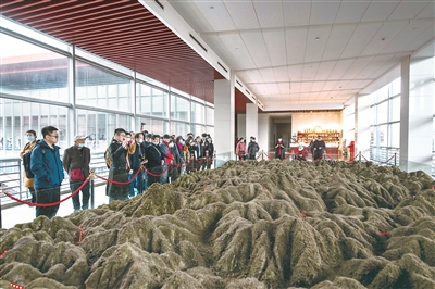 图为游客在井冈山革命博物馆参观，听解说员讲解井冈山斗争地形图。正是在这样崎岖蜿蜒的山地环境中，井冈山革命根据地不断扩大，点燃了工农武装割据的星星之火，为中国革命探索出农村包围城市、武装夺取政权的正确道路。（图片来源：视觉中国）