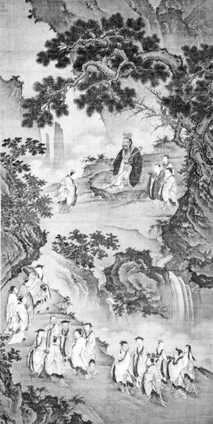 孔子讲学图轴，绘孔子于山林瀑布之间讲学的情景，现藏于孔子博物馆。孔子手持如意，怀揽凭几，端坐在松杏之下的平石上。其前一弟子躬身请教，其左则有侍立弟子三人。另外的十六名弟子沿山道而上，彼此顾盼，交谈自若。（资料图片）